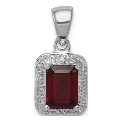 Sterling Silver Garnet & Diamond Emerald-Cut Pendant