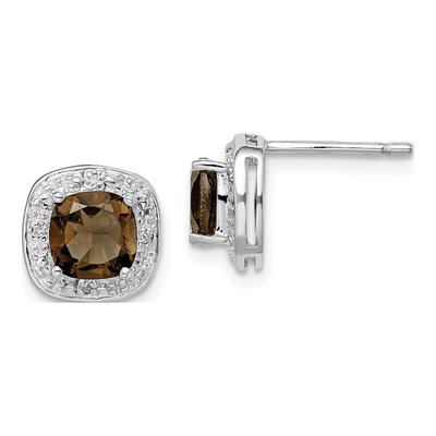 Sterling Silver Cushion Smoky Quartz & Diamond Stud Earrings