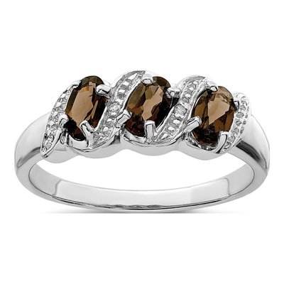Sterling Silver Smoky Quartz & Diamond 3-Stone Ring