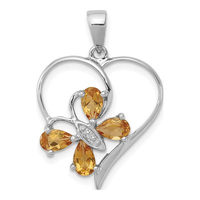 Sterling Silver Citrine & Diamond Butterfly Heart Pendant
