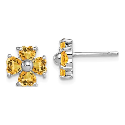 Sterling Silver Heart Citrine Flower Stud Earrings