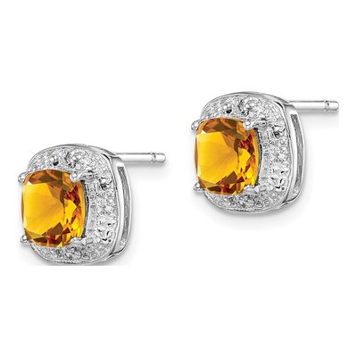 Sterling Silver Cushion Citrine & Diamond Stud Earrings – view 3