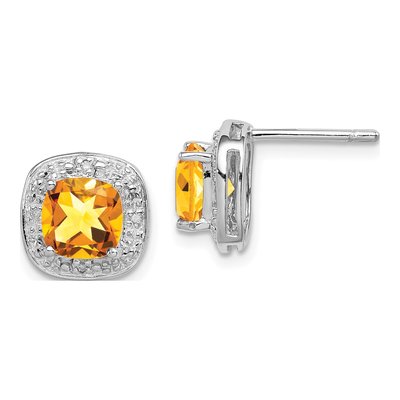 Sterling Silver Cushion Citrine & Diamond Stud Earrings