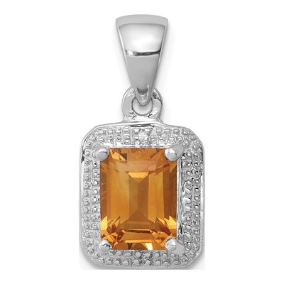 Sterling Silver Citrine & Diamond Emerald-Cut Pendant