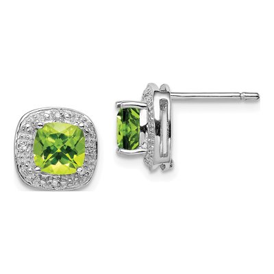 Sterling Silver Cushion Peridot & Diamond Stud Earrings