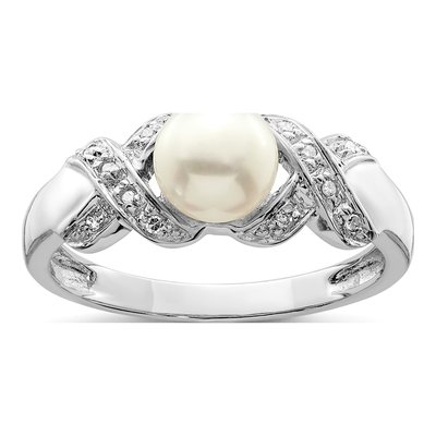 Sterling Silver Freshwater Cultured Pearl & Diamond Button Ring