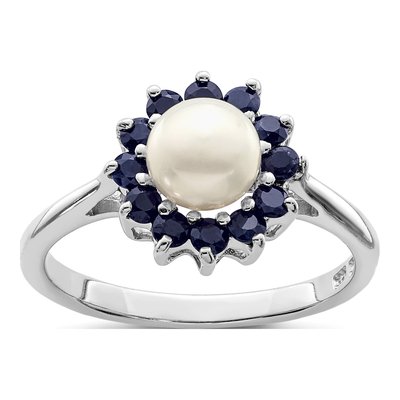Sterling Silver Sapphire & Freshwater Cultured Pearl Button Ring