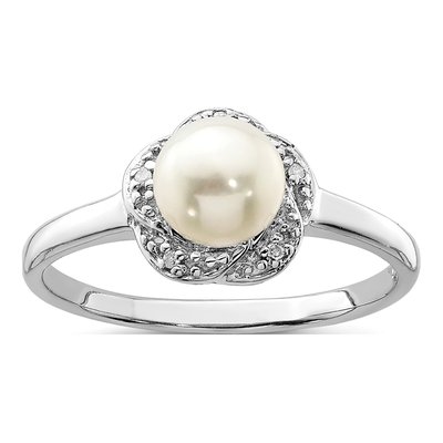 Sterling Silver Freshwater Cultured Pearl & Diamond Button Ring
