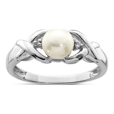 Sterling Silver Freshwater Cultured Pearl & Diamond Button Ring