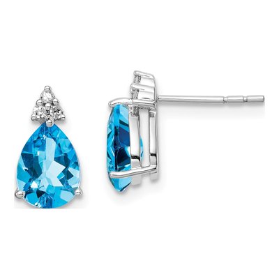 Sterling Silver Round Swiss Blue Topaz & Diamond Stud Earrings