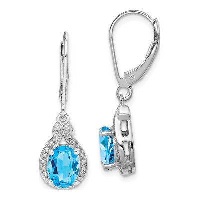 Sterling Silver 1/7 ct tw Swiss Blue Topaz & Diamond Leverback Earrings