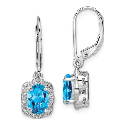 Sterling Silver 1/15 ct tw Swiss Blue Topaz & Diamond Leverback Earrings