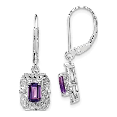 Sterling Silver Amethyst & Diamond Leverback Earrings