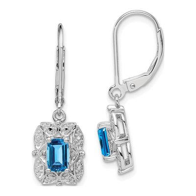Sterling Silver Swiss Blue Topaz & Diamond Leverback Earrings