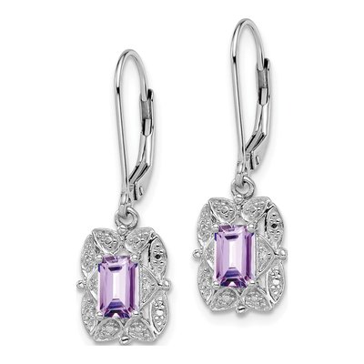 Sterling Silver Rose de France Amethyst & Diamond Leverback Earrings – view 3