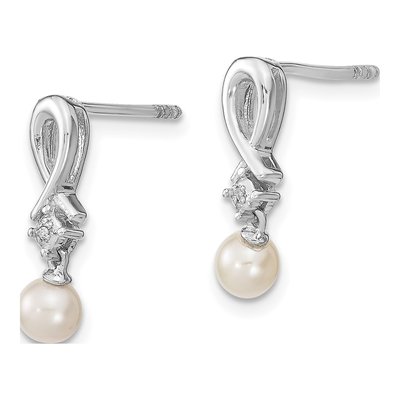 Sterling Silver Freshwater Cultured Pearl & Diamond Dangle Earrings – view 2