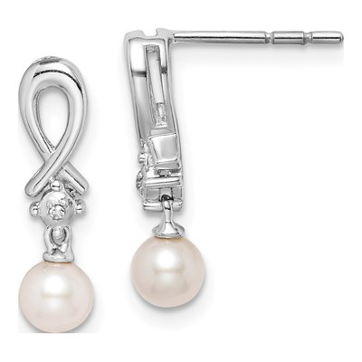 Sterling Silver Freshwater Cultured Pearl & Diamond Dangle Earrings
