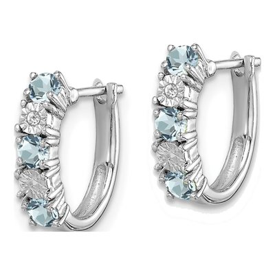 Sterling Silver 12mm Aquamarine & Diamond Hoop Earrings – view 3