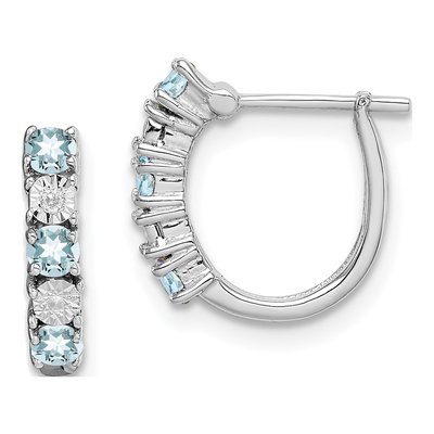 Sterling Silver 12mm Aquamarine & Diamond Hoop Earrings