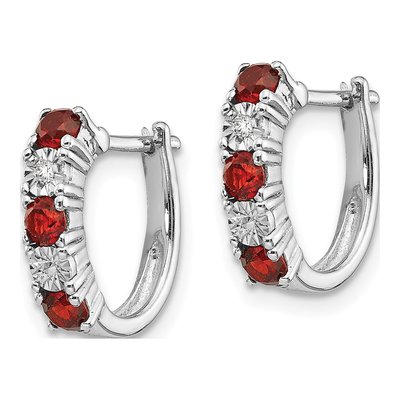 Sterling Silver 12mm Garnet & Diamond Hoop Earrings – view 3