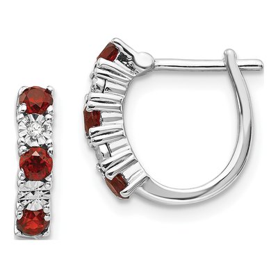 Sterling Silver 12mm Garnet & Diamond Hoop Earrings