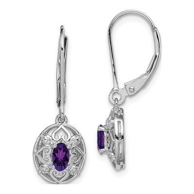 Sterling Silver Amethyst & Diamond Leverback Earrings