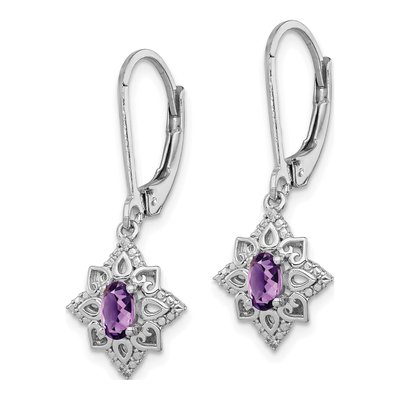 Sterling Silver Amethyst & Diamond Leverback Earrings – view 3