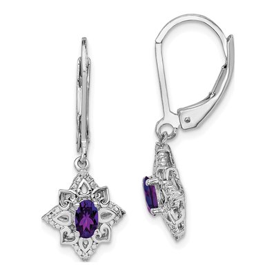Sterling Silver Amethyst & Diamond Leverback Earrings