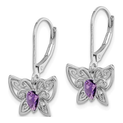 Sterling Silver Amethyst & Diamond Butterfly Leverback Earrings – view 3