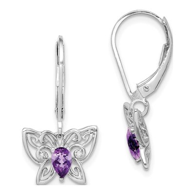 Sterling Silver Amethyst & Diamond Butterfly Leverback Earrings
