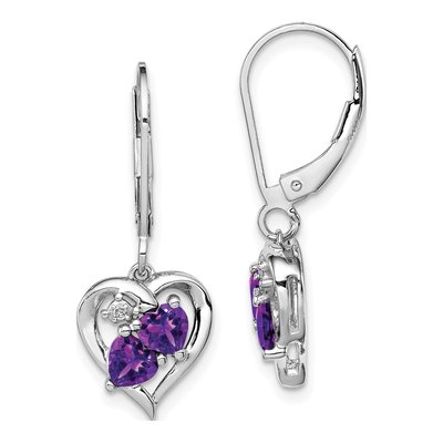 Sterling Silver Amethyst & Diamond Heart Leverback Earrings