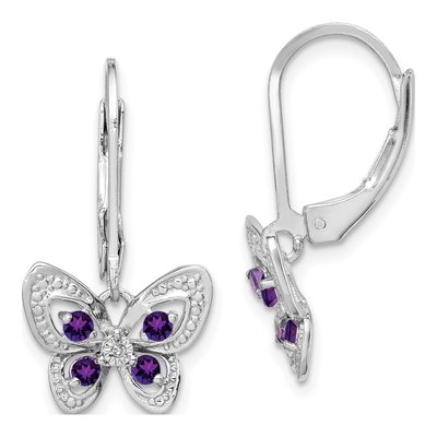 Sterling Silver Amethyst & Diamond Butterfly Leverback Earrings
