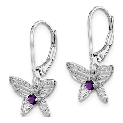 Sterling Silver Amethyst & Diamond Butterfly Leverback Earrings – view 3