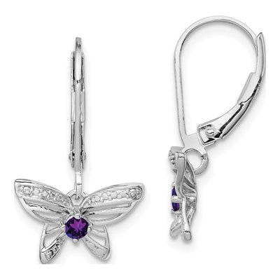 Sterling Silver Amethyst & Diamond Butterfly Leverback Earrings