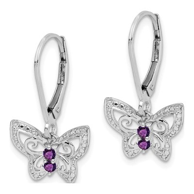 Sterling Silver Amethyst & Diamond Butterfly Leverback Earrings – view 3