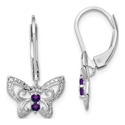 Sterling Silver Amethyst & Diamond Butterfly Leverback Earrings
