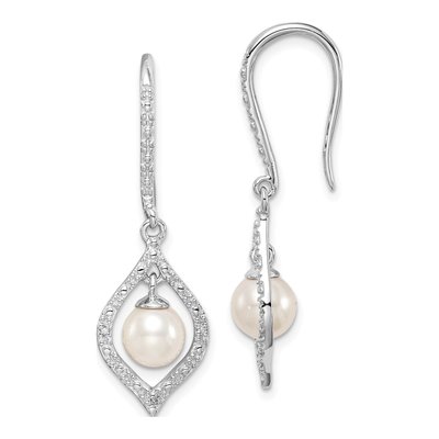Sterling Silver Freshwater Cultured Pearl & Diamond Dangle Earrings