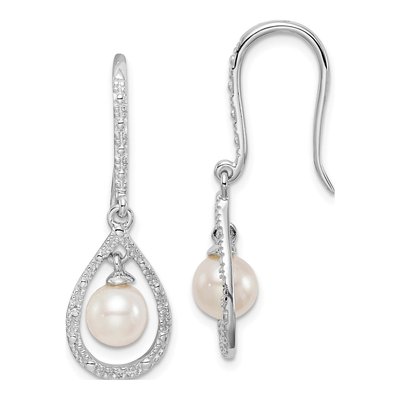Sterling Silver Freshwater Cultured Pearl & Diamond Dangle Earrings