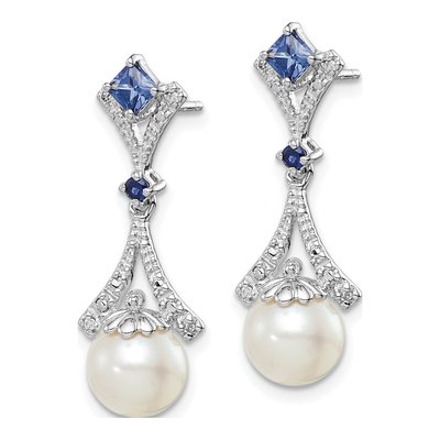 Sterling Silver Freshwater Cultured Pearl & Lab-Created Sapphire Ear Dangle Earrings – view 2