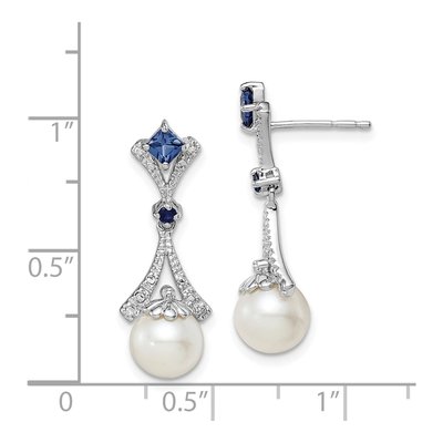 Sterling Silver Freshwater Cultured Pearl & Lab-Created Sapphire Ear Dangle Earrings – view 4