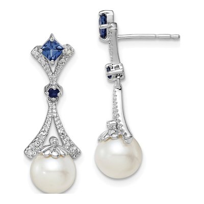 Sterling Silver Freshwater Cultured Pearl & Lab-Created Sapphire Ear Dangle Earrings