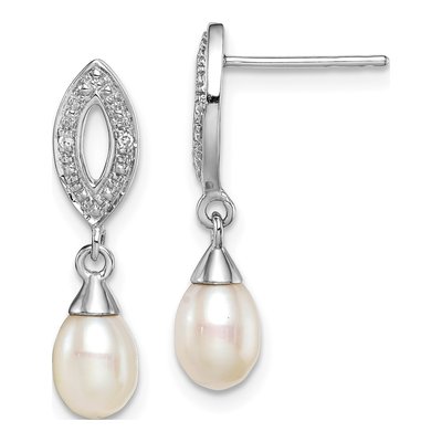 Sterling Silver Freshwater Cultured Pearl & Diamond Dangle Earrings