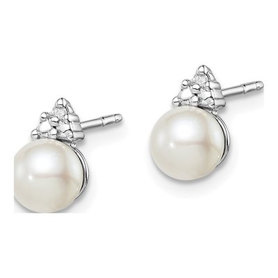 Sterling Silver Round Freshwater Cultured Pearl & Diamond Stud Earrings – view 2