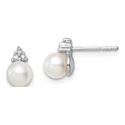 Sterling Silver Round Freshwater Cultured Pearl & Diamond Stud Earrings