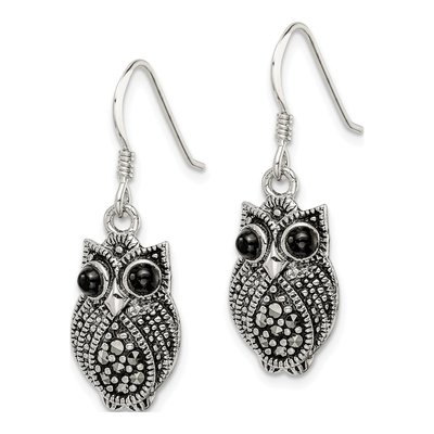 Sterling Silver Agate Owl Marcasite Dangle Earrings – view 3