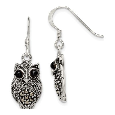 Sterling Silver Agate Owl Marcasite Dangle Earrings