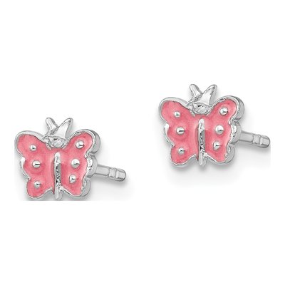 Sterling Silver Girls' Pink Enamel Butterfly Stud Earrings – view 3