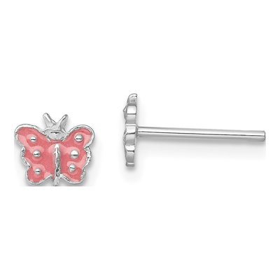 Sterling Silver Girls' Pink Enamel Butterfly Stud Earrings
