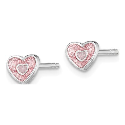 Sterling Silver Girls' Pink Glitter Enamel Heart Stud Earrings – view 3