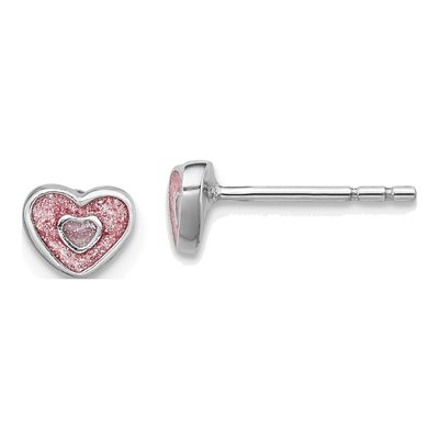 Sterling Silver Girls' Pink Glitter Enamel Heart Stud Earrings